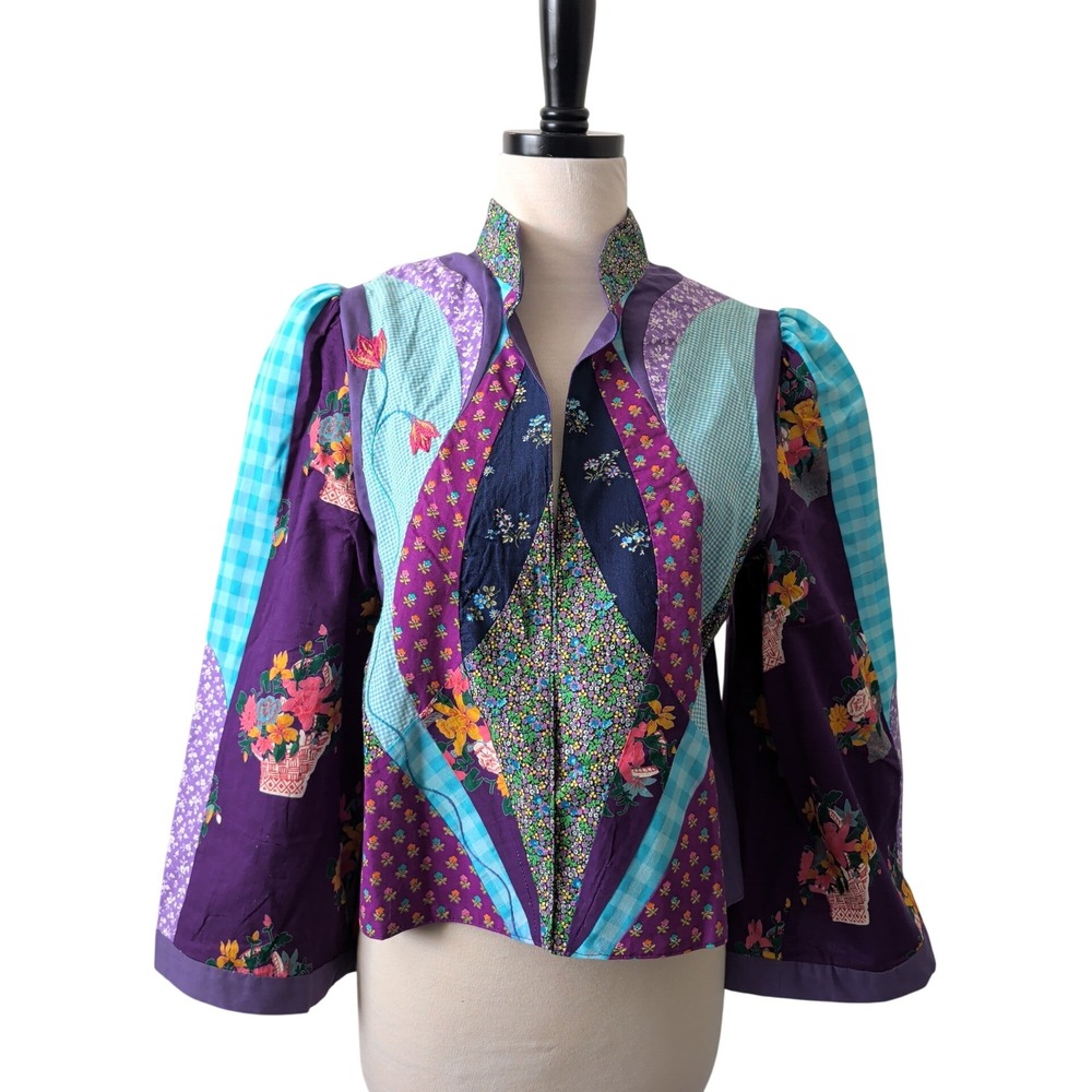 Handmade Vintage 70s Patchwork Floral Jacket Purple Art to Wear Cottagecore Folk